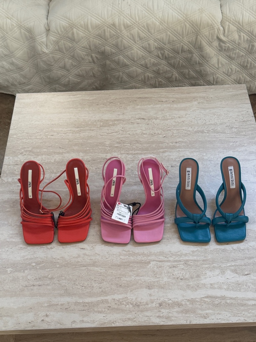 Zara Red, Pink & Teal Square-Toe Strappy Heels Trio - Bundle of 3 heels Sz 7!